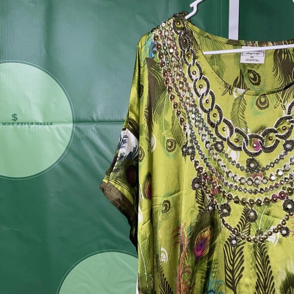 GOLD COAST Mumu House Dress OS One Size Beach Cover-Up Beaded PEACOCK print -NWT - Picture 3 of 12